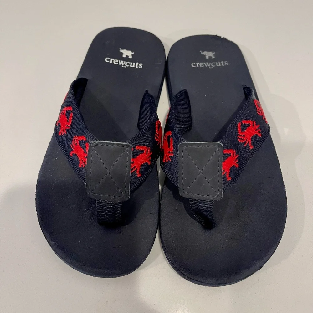 J.Crew Crewcuts Kids Flip-Flops – Blue w/ Red Crab Embroidery, Size 11